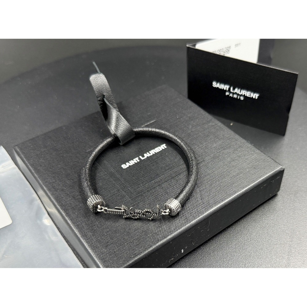 NWT YSL Saint Laurent Logo‎ Opyum Metal and Leather Black Bracelet Size S - Picture 5 of 6